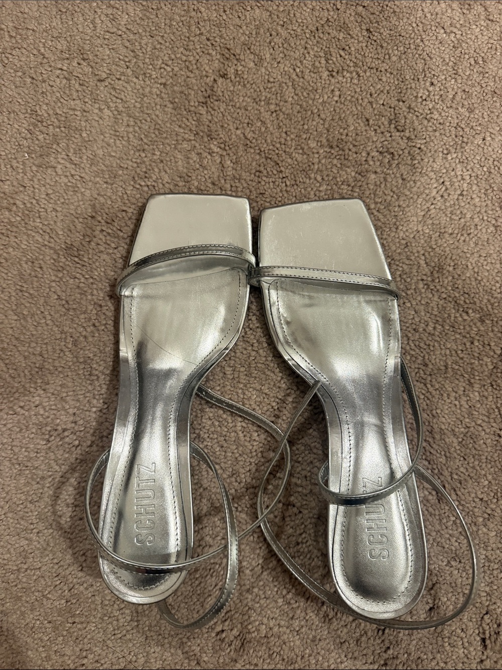 SCHUTZ Metallic Silver Square-Toe Strappy Heels- NO SIGNS OF WEAR
